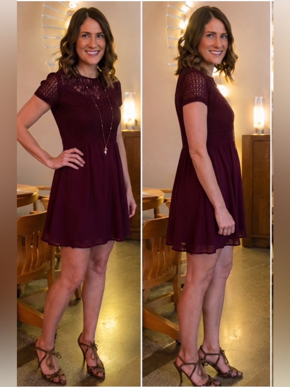 Alya Short-Sleeved Brocade Lace Top Dress — Burgundy